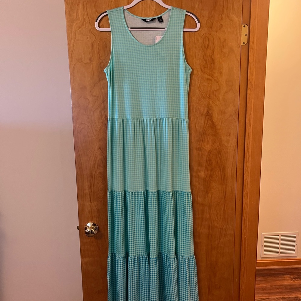 Lands’ End Women's Sleeveless Tiered Maxi Dress Blue Green Check NWT Small 6-8